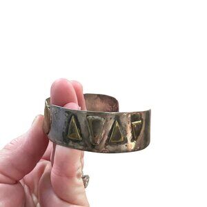 Vintage Silver & Brass Triangle Cuff Bracelet With Amber Stone